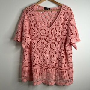 ROAMANS Pink Crochet V‎ Neck Short Sleeve Overlay Top Size 22/24 Boho Cottage